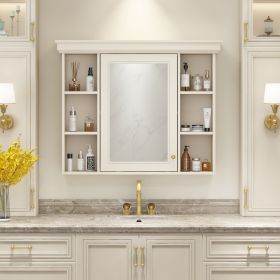 35'' x 28'' Wall Mounted Bathroom Storage Cabinet with Mirror Door, Modern Bathroom Wall Cabinet with Mirror, Medicine Cabinet with 6 Open Shelves (Color: Beige+Cream, Material: MDF+glass)
