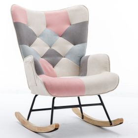 36.6 Inch Soft Seating Patchwork Accent Rocking Chair With Solid Wood Armrest And Feet (Color: pink)