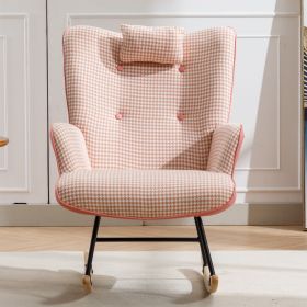 35.5 inch Rocking Chair, Reading Chair, Balcony Chair,Soft Houndstooth Fabric Leather Fabric Rocking Chair for Nursery (Color: pink)